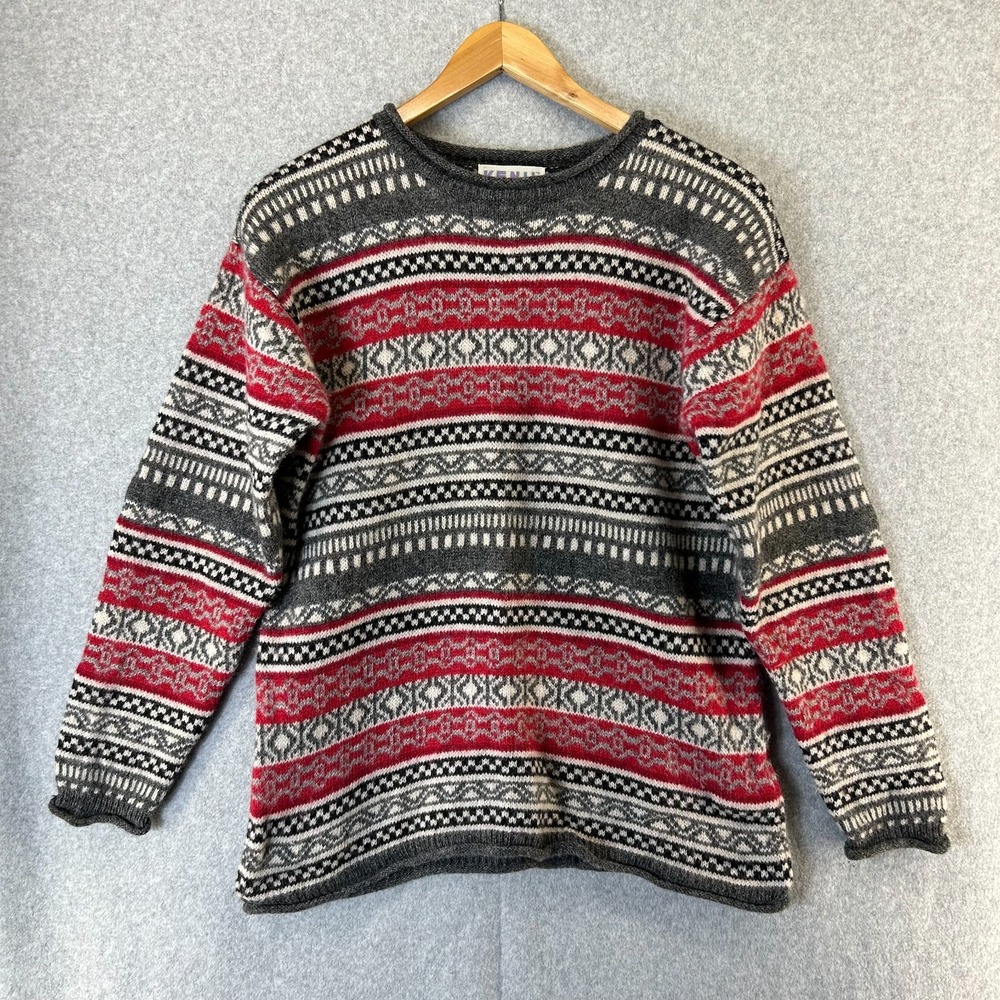 Kenji Sweater Size Medium Fair Isle Nordic Shetland Wool Roll Neck Gray Red Knit